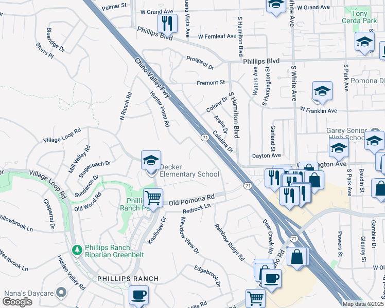map of restaurants, bars, coffee shops, grocery stores, and more near 8 Quiet Canyon Circle in Pomona