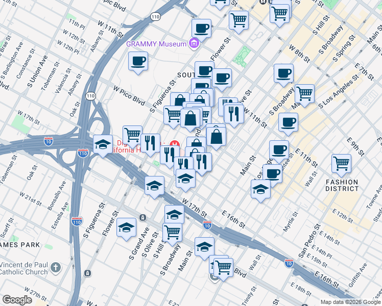 map of restaurants, bars, coffee shops, grocery stores, and more near 1326 South Grand Avenue in Los Angeles