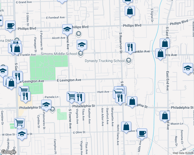 map of restaurants, bars, coffee shops, grocery stores, and more near 1839 South San Antonio Avenue in Pomona