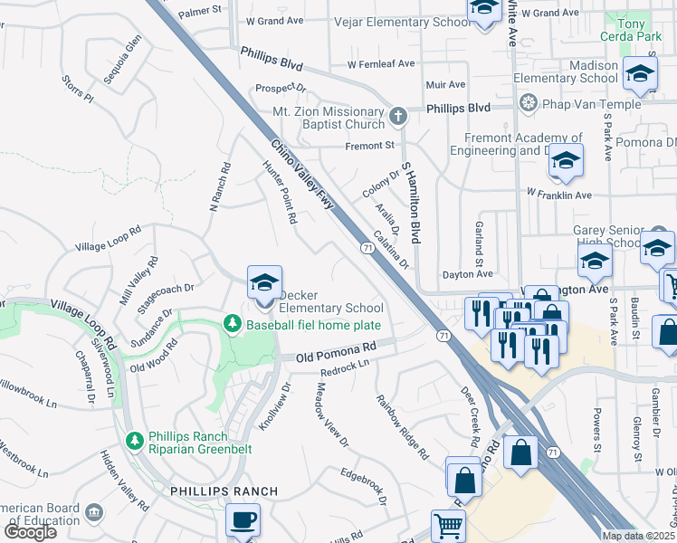 map of restaurants, bars, coffee shops, grocery stores, and more near 8 Quiet Canyon Circle in Pomona