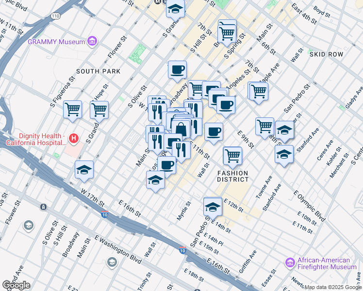 map of restaurants, bars, coffee shops, grocery stores, and more near 1104 South Los Angeles Street in Los Angeles