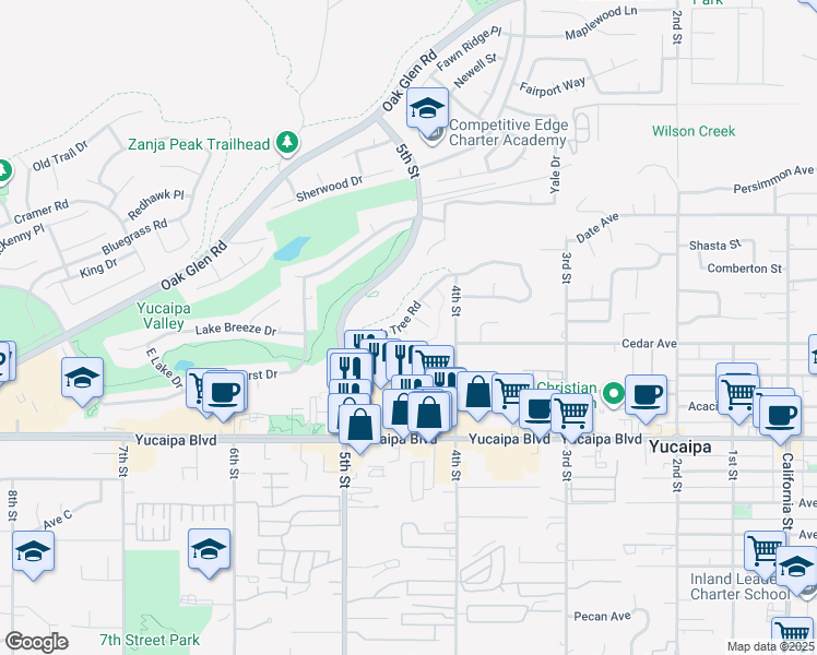 map of restaurants, bars, coffee shops, grocery stores, and more near 11945 Peach Tree Road in Yucaipa