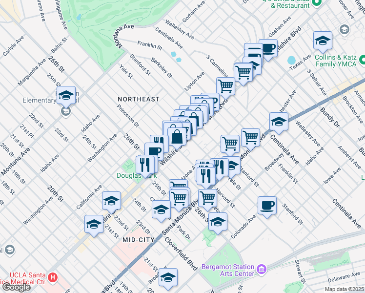map of restaurants, bars, coffee shops, grocery stores, and more near 2800 Wilshire Boulevard in Santa Monica