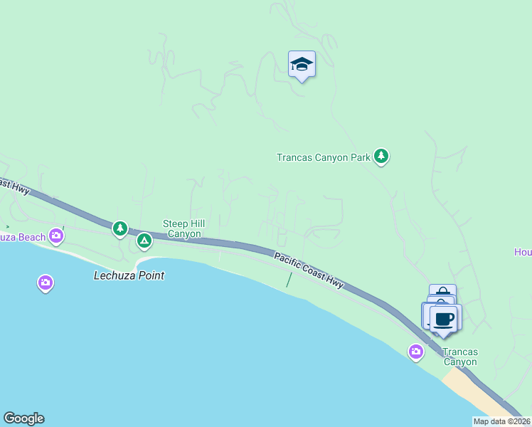 map of restaurants, bars, coffee shops, grocery stores, and more near 31271 Bailard Road in Malibu