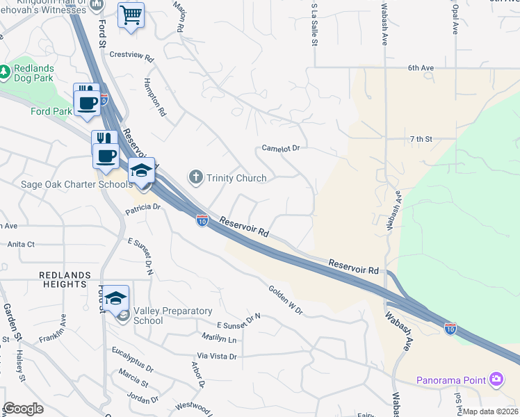 map of restaurants, bars, coffee shops, grocery stores, and more near 801 Lexington Lane in Redlands