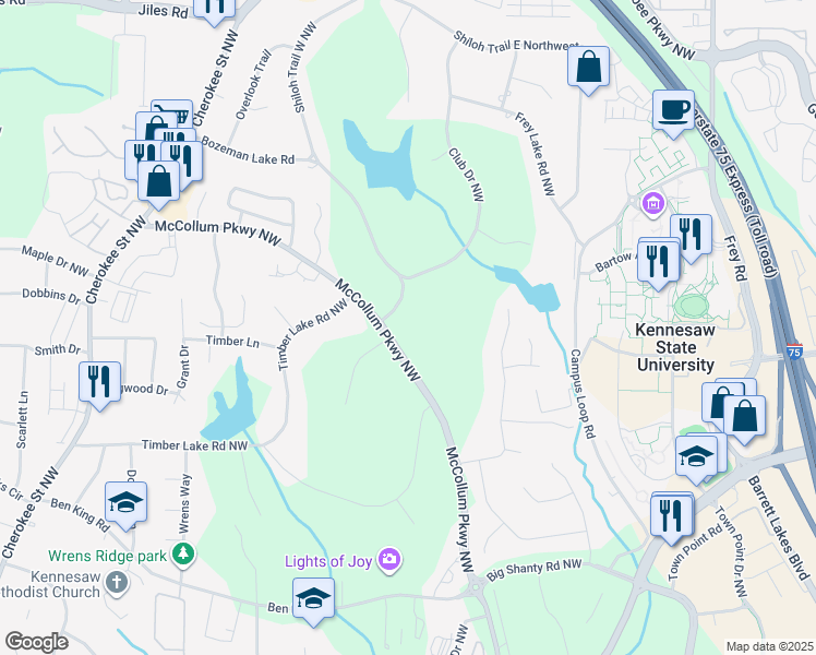 map of restaurants, bars, coffee shops, grocery stores, and more near 3400 McCollum Parkway Northwest in Kennesaw