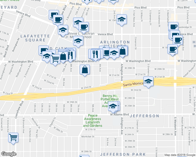 map of restaurants, bars, coffee shops, grocery stores, and more near 2115 4th Avenue in Los Angeles