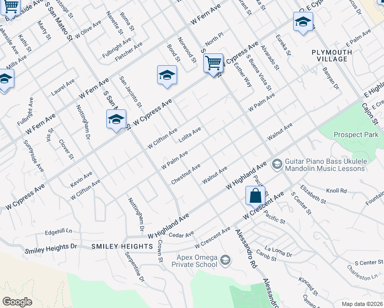 map of restaurants, bars, coffee shops, grocery stores, and more near 1034 West Palm Avenue in Redlands