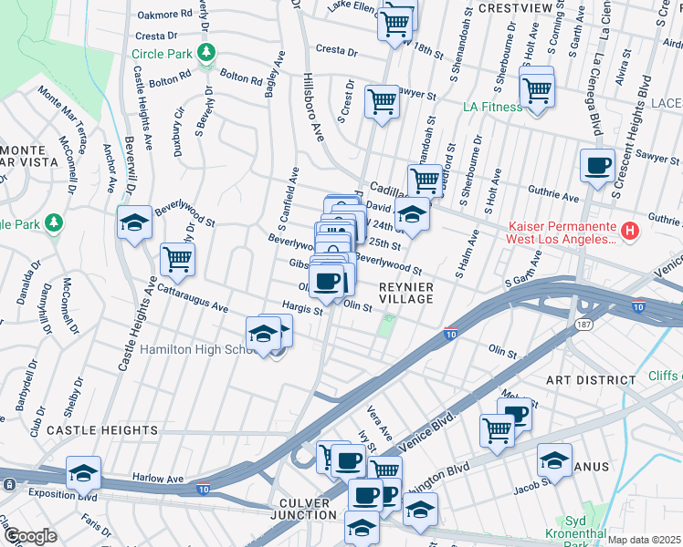 map of restaurants, bars, coffee shops, grocery stores, and more near Gibson Street in Los Angeles