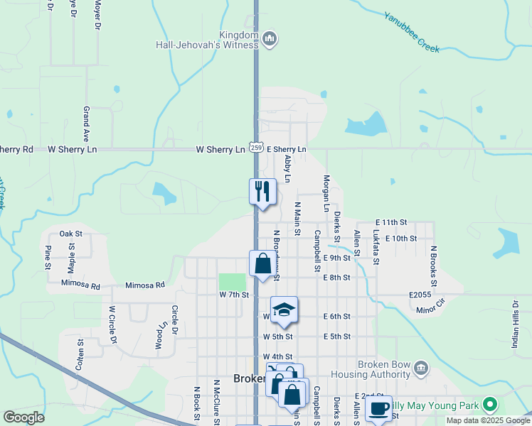 map of restaurants, bars, coffee shops, grocery stores, and more near 1102 North Park Drive in Broken Bow