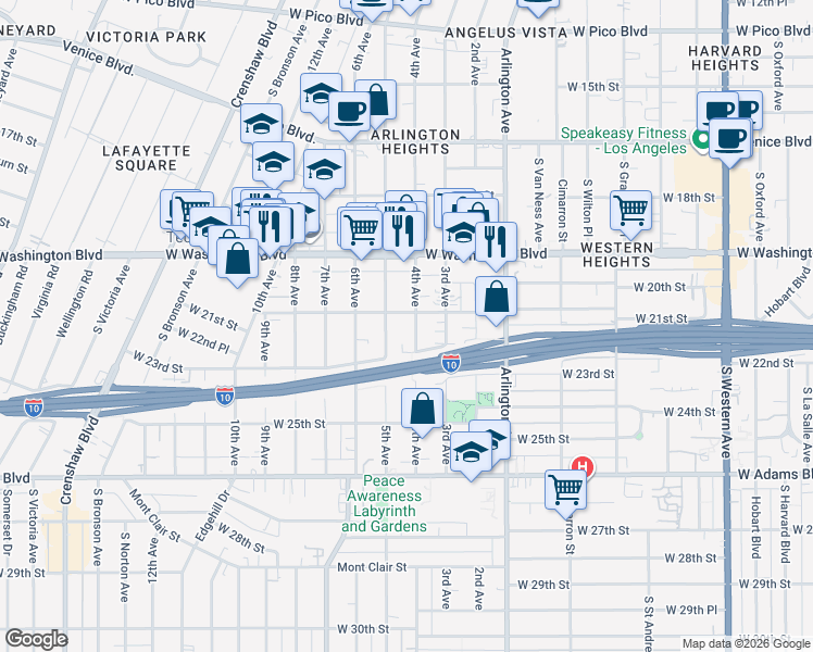 map of restaurants, bars, coffee shops, grocery stores, and more near 2115 4th Avenue in Los Angeles