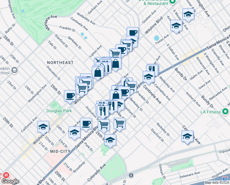 map of restaurants, bars, coffee shops, grocery stores, and more near 1315 Stanford Street in Santa Monica