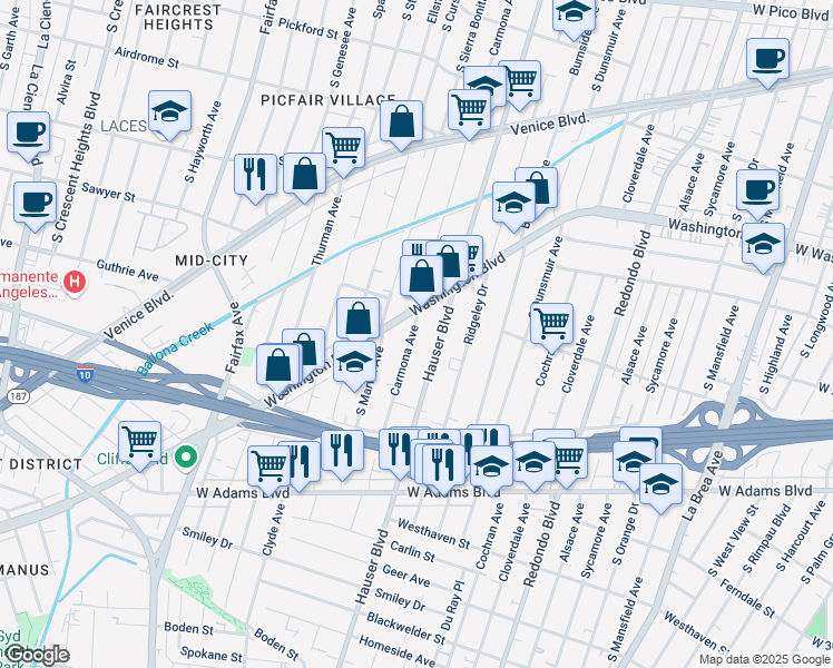map of restaurants, bars, coffee shops, grocery stores, and more near 2122 Carmona Avenue in Los Angeles
