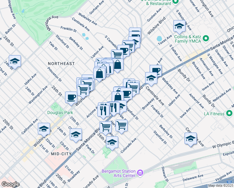 map of restaurants, bars, coffee shops, grocery stores, and more near 1315 Stanford Street in Santa Monica