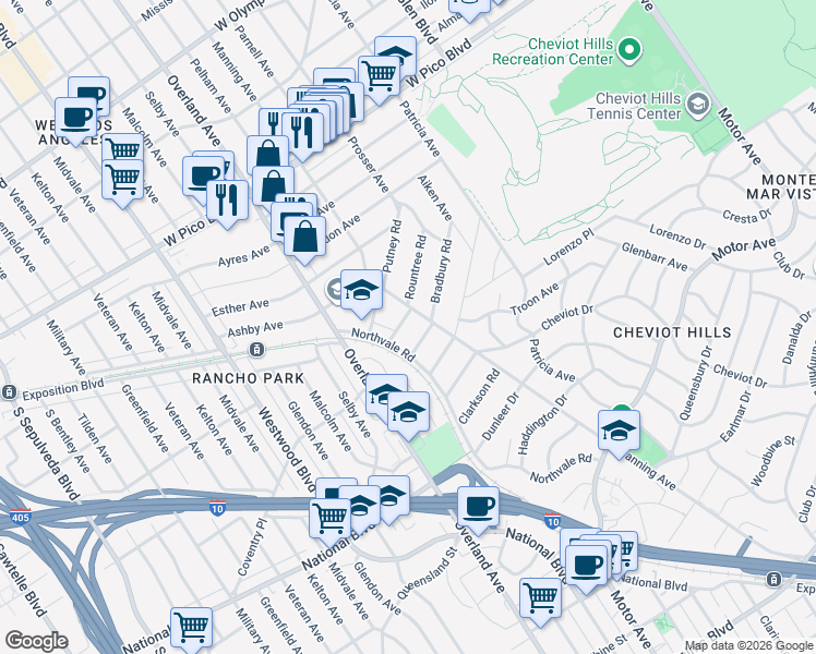 map of restaurants, bars, coffee shops, grocery stores, and more near 10618 Rountree Road in Los Angeles