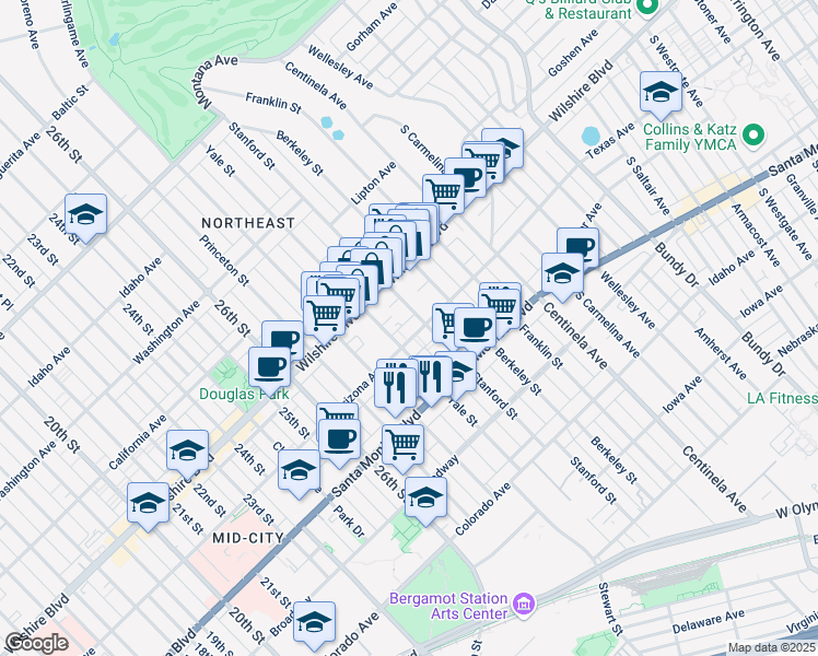 map of restaurants, bars, coffee shops, grocery stores, and more near 2921 Arizona Avenue in Santa Monica