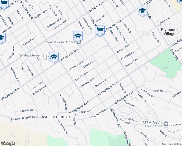 map of restaurants, bars, coffee shops, grocery stores, and more near 1029 West Palm Avenue in Redlands