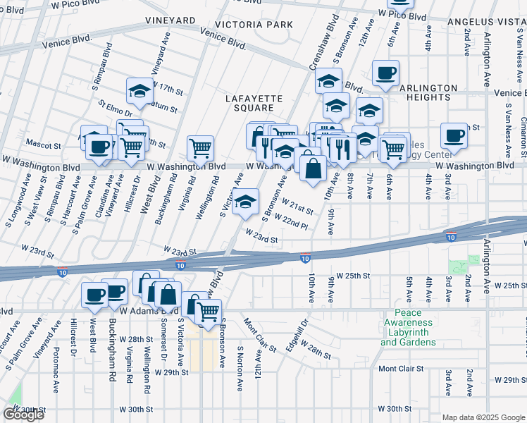 map of restaurants, bars, coffee shops, grocery stores, and more near 2216 Crenshaw Boulevard in Los Angeles