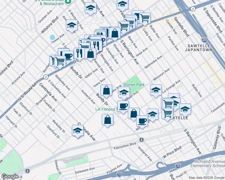 map of restaurants, bars, coffee shops, grocery stores, and more near 11905 Nebraska Avenue in Los Angeles