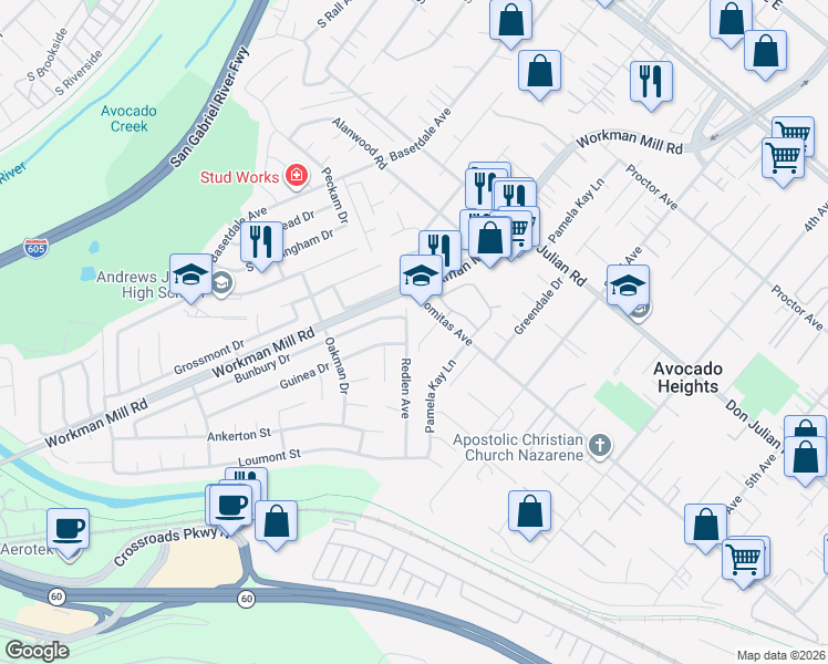 map of restaurants, bars, coffee shops, grocery stores, and more near 730 Redlen Avenue in Whittier