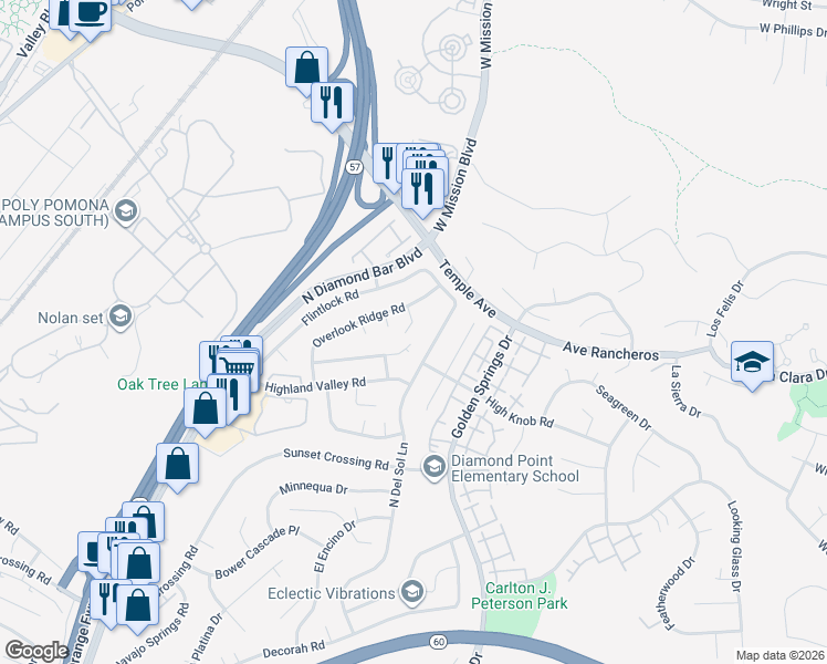map of restaurants, bars, coffee shops, grocery stores, and more near 1172 Overlook Ridge Road in Diamond Bar