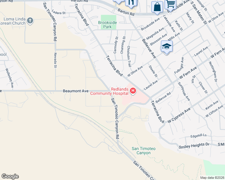 map of restaurants, bars, coffee shops, grocery stores, and more near 11895 San Timoteo Canyon Road in Redlands