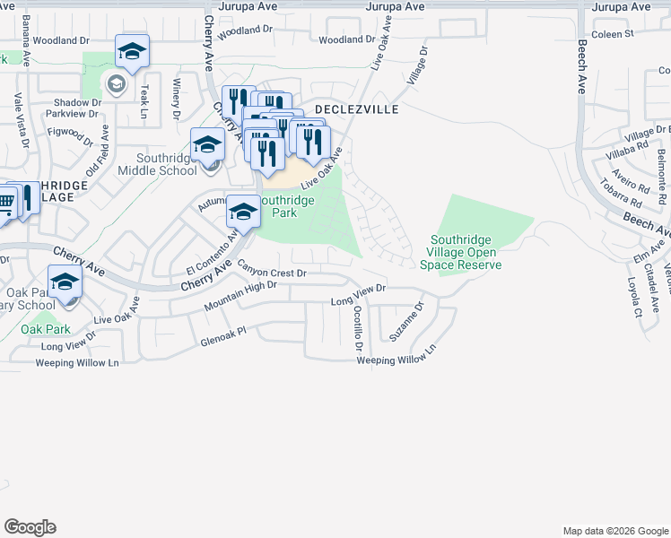 map of restaurants, bars, coffee shops, grocery stores, and more near 14754 Cinnamon Drive in Fontana