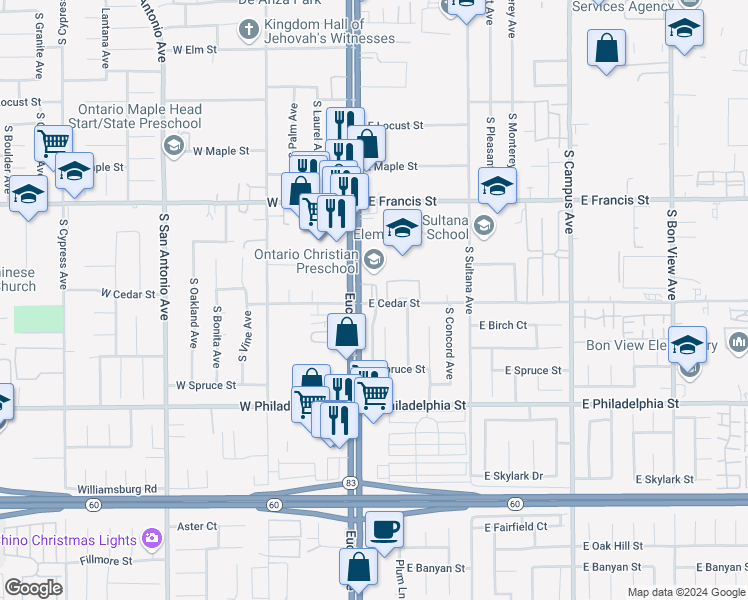 map of restaurants, bars, coffee shops, grocery stores, and more near 115 East Cedar Street in Ontario