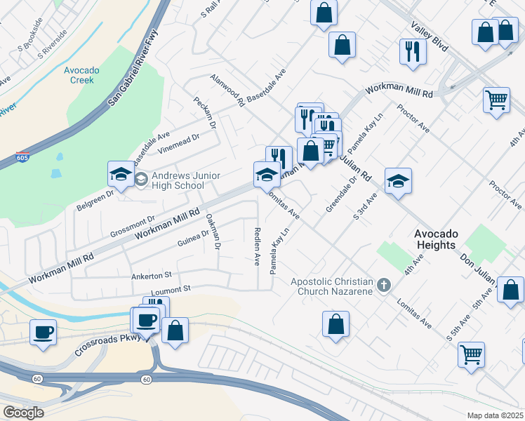 map of restaurants, bars, coffee shops, grocery stores, and more near 730 Redlen Avenue in Whittier