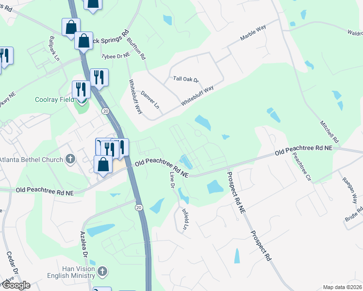 map of restaurants, bars, coffee shops, grocery stores, and more near 1274 Old Peachtree Road Northeast in Lawrenceville