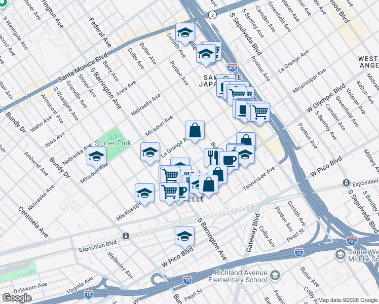 map of restaurants, bars, coffee shops, grocery stores, and more near 2020 Federal Avenue in Los Angeles