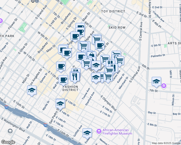 map of restaurants, bars, coffee shops, grocery stores, and more near 784 Crocker Street in Los Angeles