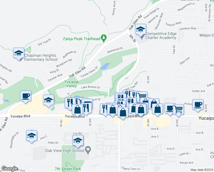 map of restaurants, bars, coffee shops, grocery stores, and more near 34208 Pinehurst Drive in Yucaipa