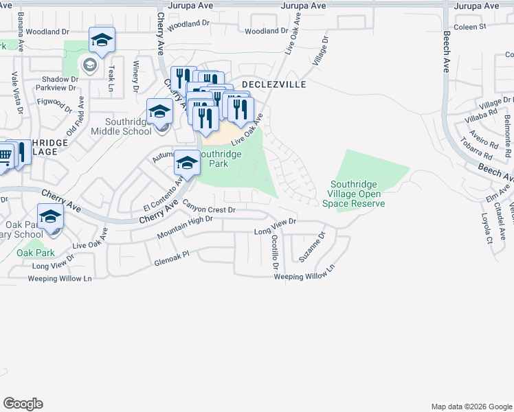 map of restaurants, bars, coffee shops, grocery stores, and more near 14754 Cinnamon Drive in Fontana