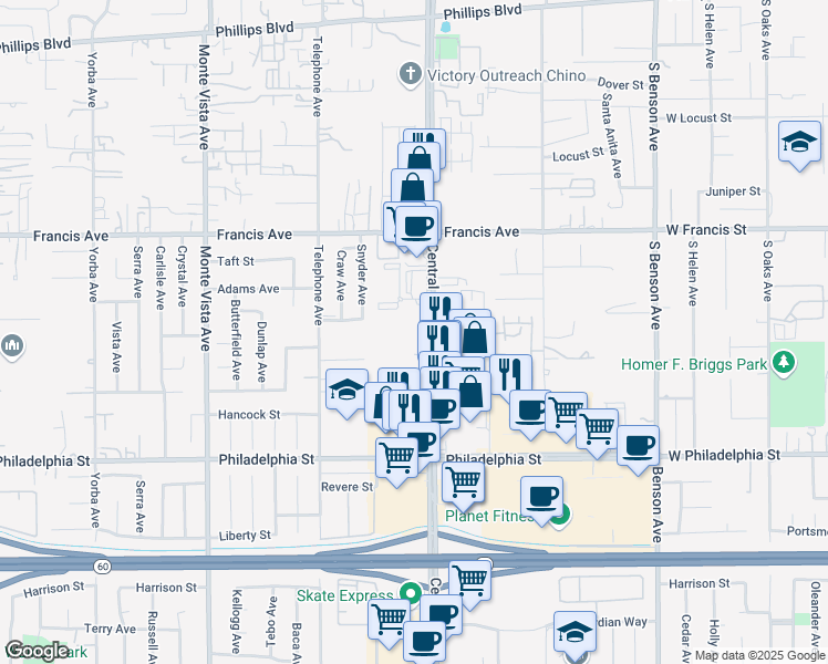 map of restaurants, bars, coffee shops, grocery stores, and more near 11844 Central Avenue in Chino