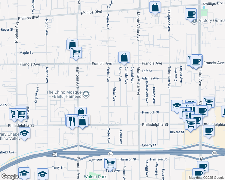 map of restaurants, bars, coffee shops, grocery stores, and more near 11858 Vista Avenue in Chino
