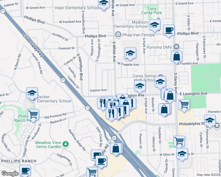 map of restaurants, bars, coffee shops, grocery stores, and more near 1834 Morrison Street in Pomona