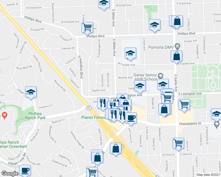 map of restaurants, bars, coffee shops, grocery stores, and more near 1834 Morrison Street in Pomona