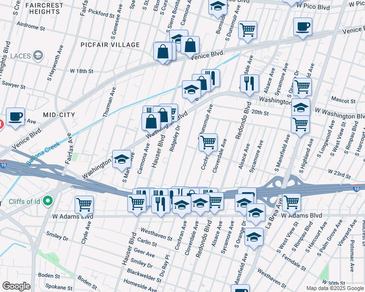 map of restaurants, bars, coffee shops, grocery stores, and more near 2117 South Burnside Avenue in Los Angeles