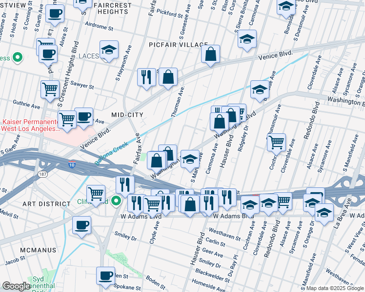 map of restaurants, bars, coffee shops, grocery stores, and more near 2140 Clyde Avenue in Los Angeles