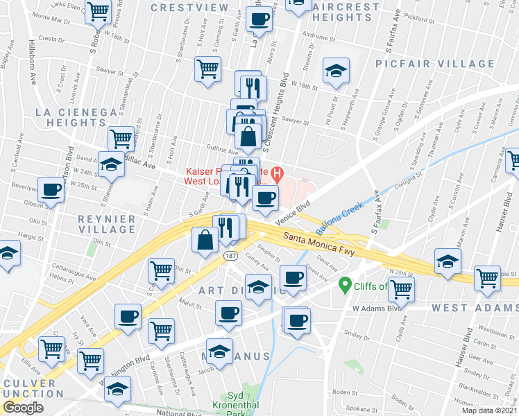 map of restaurants, bars, coffee shops, grocery stores, and more near 6041 Cadillac Avenue in Los Angeles