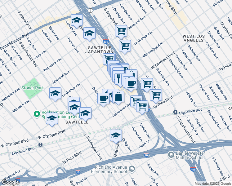 map of restaurants, bars, coffee shops, grocery stores, and more near 11355 West Olympic Boulevard in Los Angeles