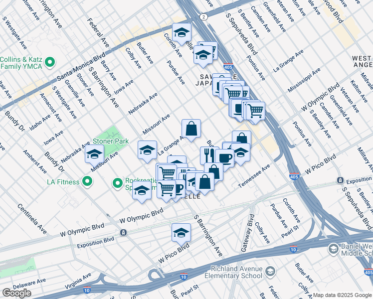 map of restaurants, bars, coffee shops, grocery stores, and more near 2020 Federal Avenue in Los Angeles