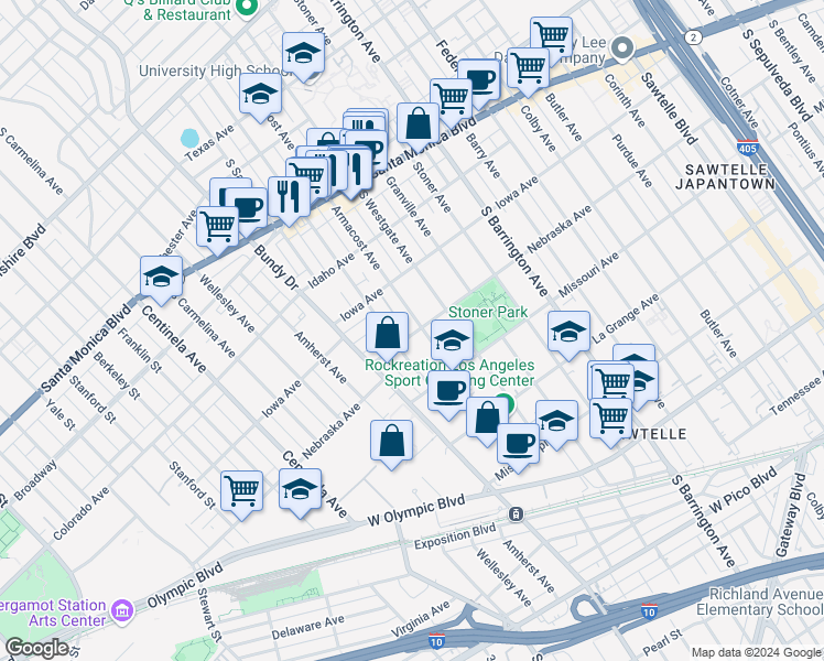 map of restaurants, bars, coffee shops, grocery stores, and more near 11877 Nebraska Avenue in Los Angeles