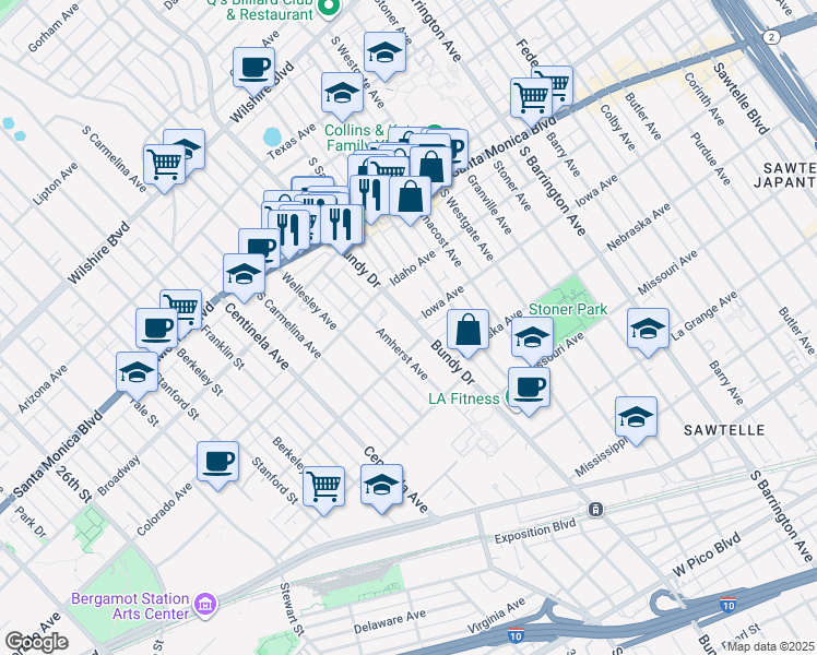 map of restaurants, bars, coffee shops, grocery stores, and more near 1627 South Bundy Drive in Los Angeles