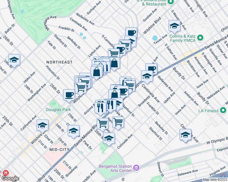 map of restaurants, bars, coffee shops, grocery stores, and more near 3024 Arizona Avenue in Santa Monica