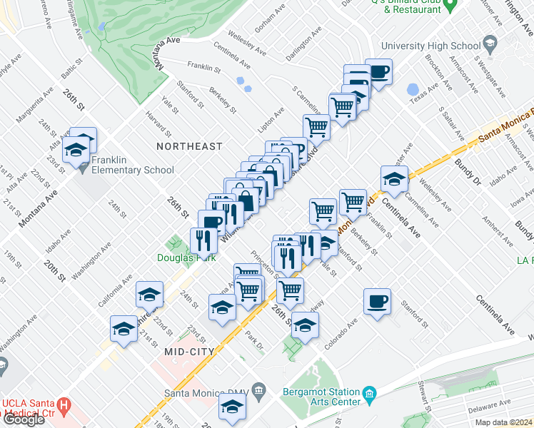 map of restaurants, bars, coffee shops, grocery stores, and more near in Santa Monica
