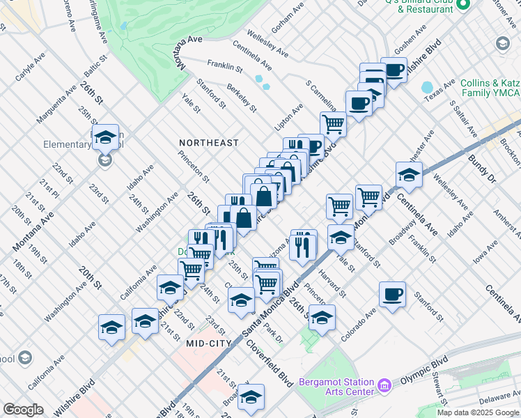 map of restaurants, bars, coffee shops, grocery stores, and more near 2800 Wilshire Boulevard in Santa Monica