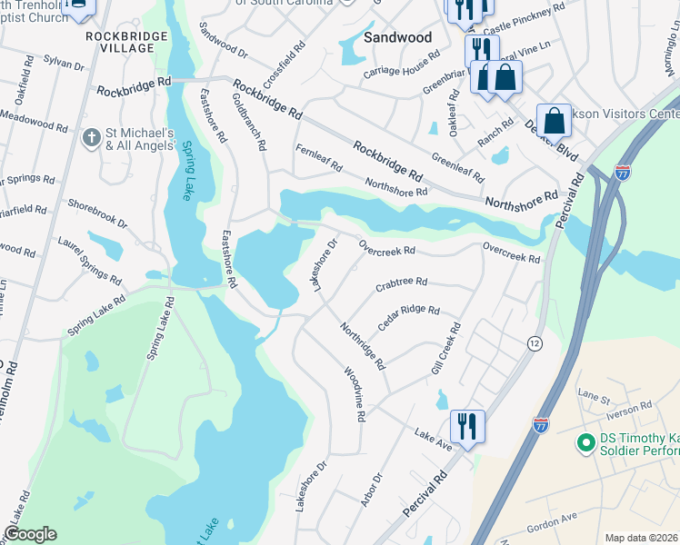map of restaurants, bars, coffee shops, grocery stores, and more near 6049 Robinwood Road in Columbia