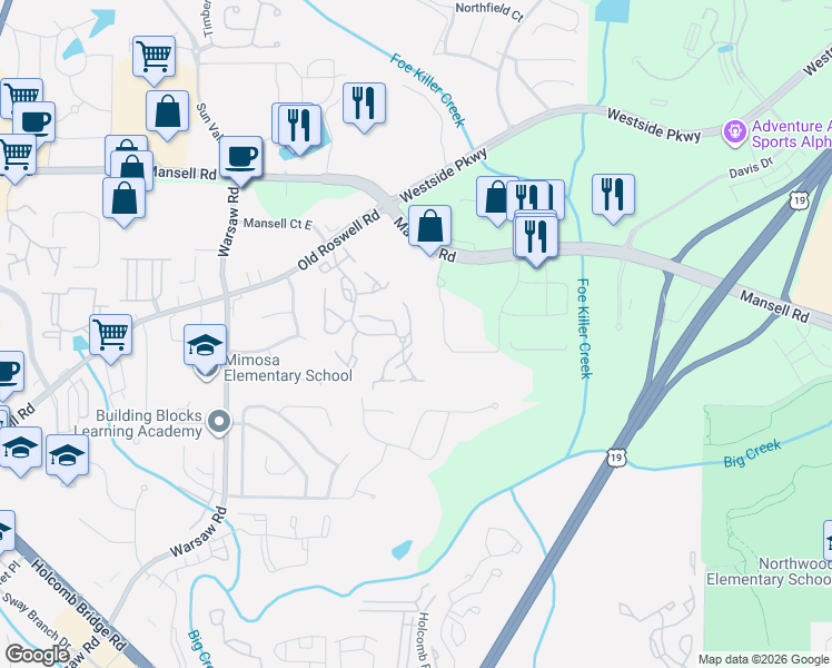 map of restaurants, bars, coffee shops, grocery stores, and more near 401-499 Kingspoint Ln in Roswell
